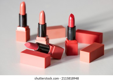 Set Of Open Tubes Of Satin Finish Lipsticks, Studio Shot