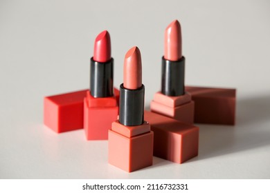 Set Of Open Tubes Of Satin Finish Lipsticks, Studio Shot