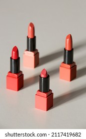 Set Of Open Tubes Of Satin Finish Lipsticks, Studio Shot