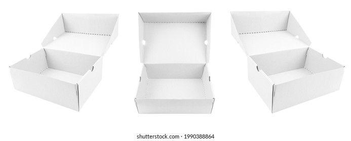 Set Of Open White Cardboard Box Isolated On White Background.