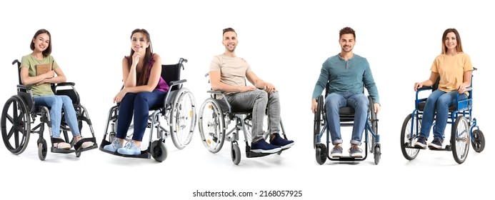 Conjunto de personas optimistas en silla de ruedas aisladas en blanco