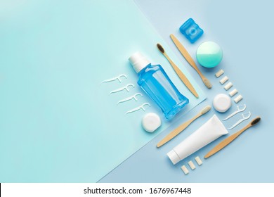 Set For Oral Hygiene On Color Background