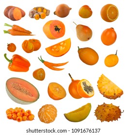 set of orange fruits, berries and vegetables isolated on white background