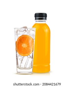 Set Orange With Orange Juice Bottle In Empty Glass And Ice