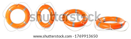 Set with orange life buoys on white background, banner design