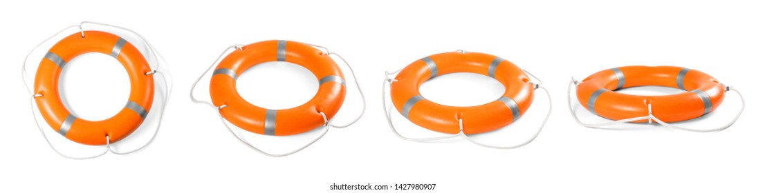 Set of orange lifebuoy rings on white background 