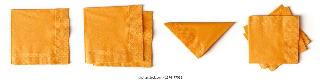 Set of orange paper napkins isolated on white background, top view