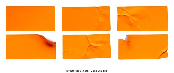 A set of orange rectangular paper sticker label isolated on white background.
