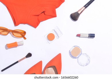 Set Of Orange ,shoes, Clothes, Cosmetics And Accessories. Flat Lay,

