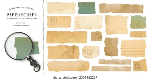 set orcollection of vintage and antique stained torn ripped paper scraps or pieces isolated against a white  background, ideal for digital collage designs or base for text, grungy design elements