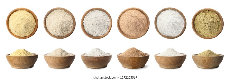 Conjunto de harina orgánica en tazones de madera sobre fondo blanco