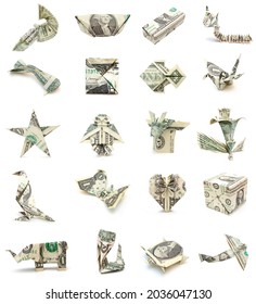Set of origami dollar objects collection