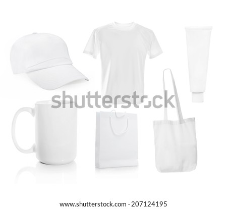Set ot White blank men's t-shirt with a cap and other objects for advertising