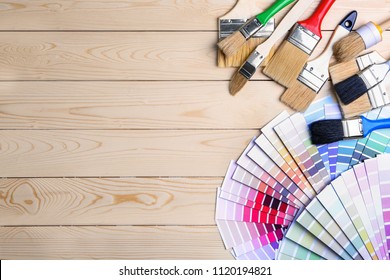 Set Painters Tools On Wooden Background Stock Photo 1120194821