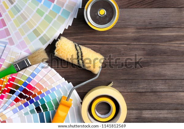 Set Painters Tools On Wooden Background Stock Photo (Edit Now) 1141812569