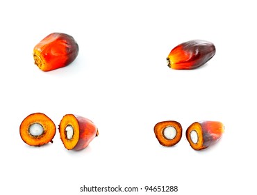 set of palm fruits with cut section on white background
