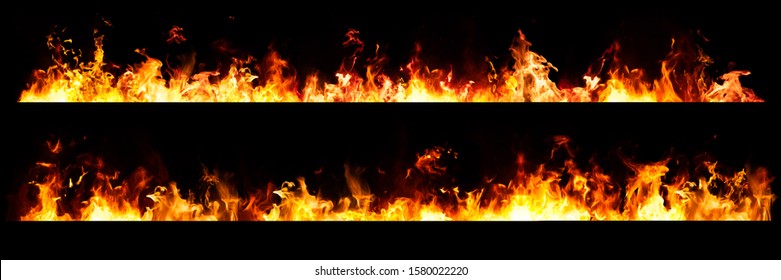 Set of Panorama Fire flames on black background.