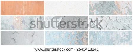 Set of panoramic background textures. Collection of wide textures with peeling paint, cracks, rust, stone and concrete walls. Faded rough surfaces of old walls. Bundle of light backgrounds for design.