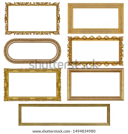 Set of panoramic golden frames for paintings, mirrors or photo isolated on white background