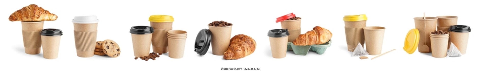 Set of paper cups with coffee beans, tea bag, croissants and cookies on white background - Powered by Shutterstock