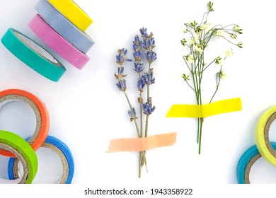 Set of paper sticky tape on a white background. Colored self-adhesive tape for decoration. Decorative adhesive tape for hobby. Small bouquet of dry lavender and gypsophila glued to paper, herbarium  - Powered by Shutterstock
