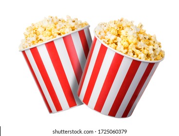 Set of paper striped buckets with popcorn isolated on white background. Concept of cinema or watching TV.