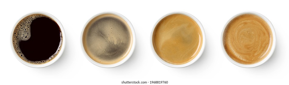 Set of paper take away cups of different black coffee isolated on white background, top view - Shutterstock ID 1968819760