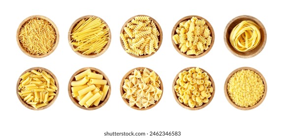 Set of pasta in a wooden bowls isolated on white background. Variety of pasta. Collection of Italian pasta on a white background. Italian pasta isolated on white background - Powered by Shutterstock