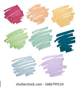 Set von pastellfarbenen Tonmarkierungslinien für Design und Highlight. Handgezeichnete Striche einzeln auf Weiß