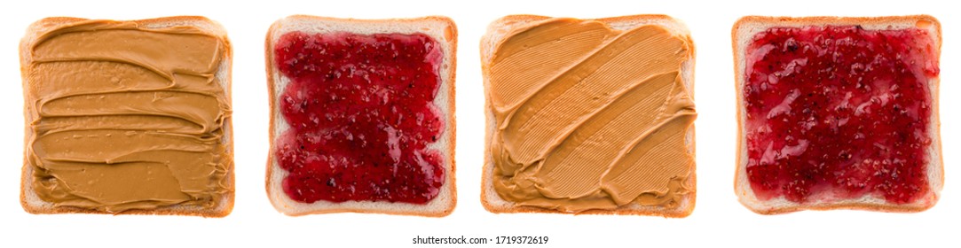 Set Peanut butter and jelly sandwich on bread slices isolated, collection Toast with butter peanut and jam on a white background