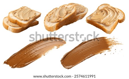 A set of peanut paste on bread and a smear of peanut paste on a white background. Delicious food concept.