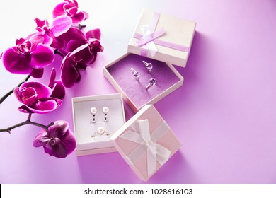 Set Of Pearl And Amethyst Jewellery In Gift Boxes With Orchid