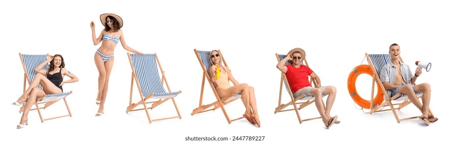 Set of people with beach chairs on white background - Powered by Shutterstock