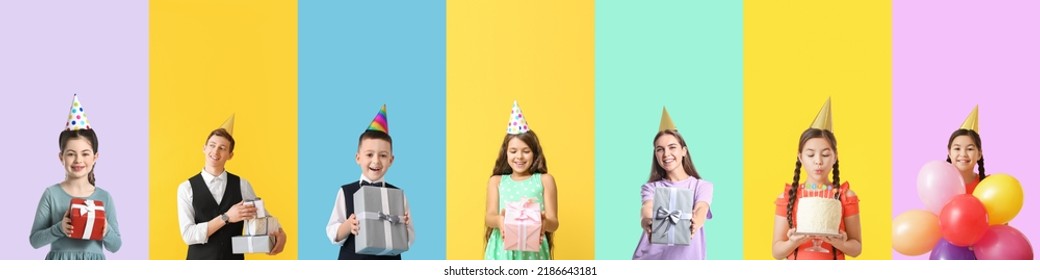 Set of people celebrating birthday on colorful background