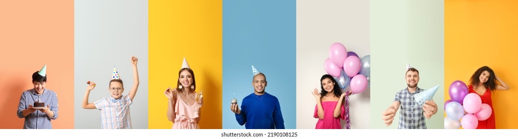 Set Of People Celebrating Birthday On Colorful Background