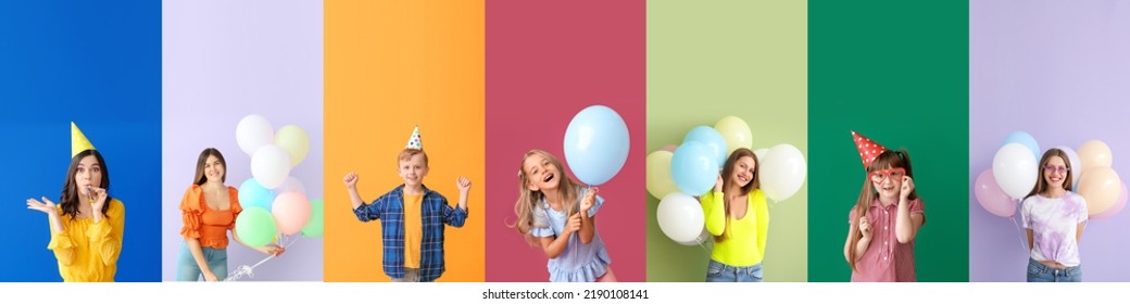 Set Of People Celebrating Birthday On Colorful Background