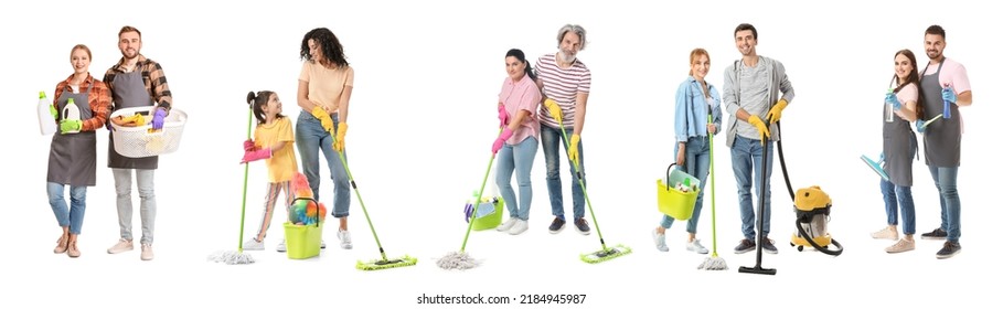 Set Of People With Cleaning Supplies On White Background