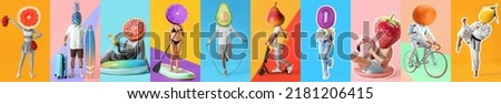 Set of people with different fruits instead of their heads on color background