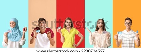 Set of people with driving licenses on color background