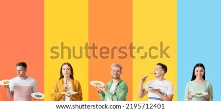 Set of people eating tasty ravioli on colorful background