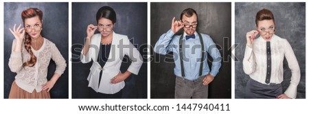 Set of people in eyeglasses looking at you on blackboard background
