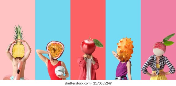 Set of people with fruits and berries instead of their heads on colorful background - Shutterstock ID 2170555249
