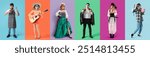 Set of people in Halloween costumes on color background