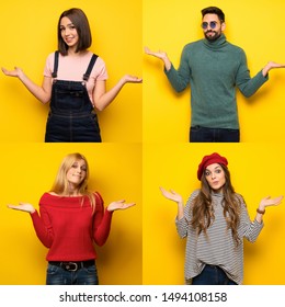 Set of people having doubts while raising hands