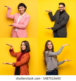Set of people holding copyspace to insert an ad