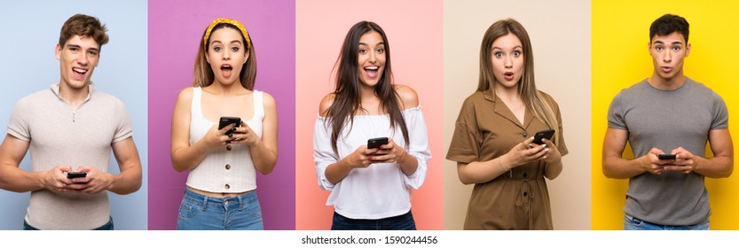 Set Of People Over Colorful Background Surprised And Sending A Message