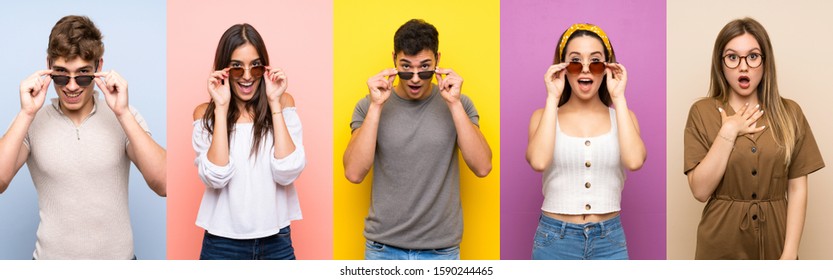 Set Of People Over Colorful Background With Glasses And Surprised