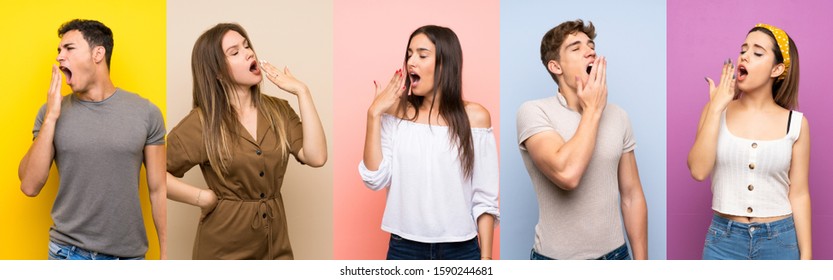 Set Of People Over Colorful Background Yawning And Covering Wide Open Mouth With Hand