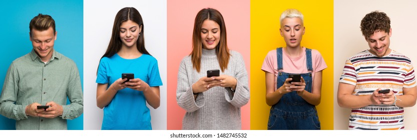 Set of people over colorful backgrounds sending a message with the mobile