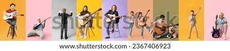 Set of people playing musical instruments and singing on color background